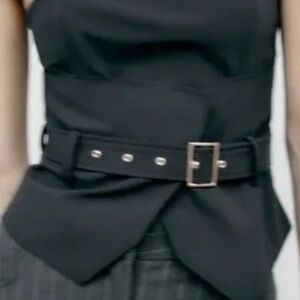 Navy Belted Strapless Top